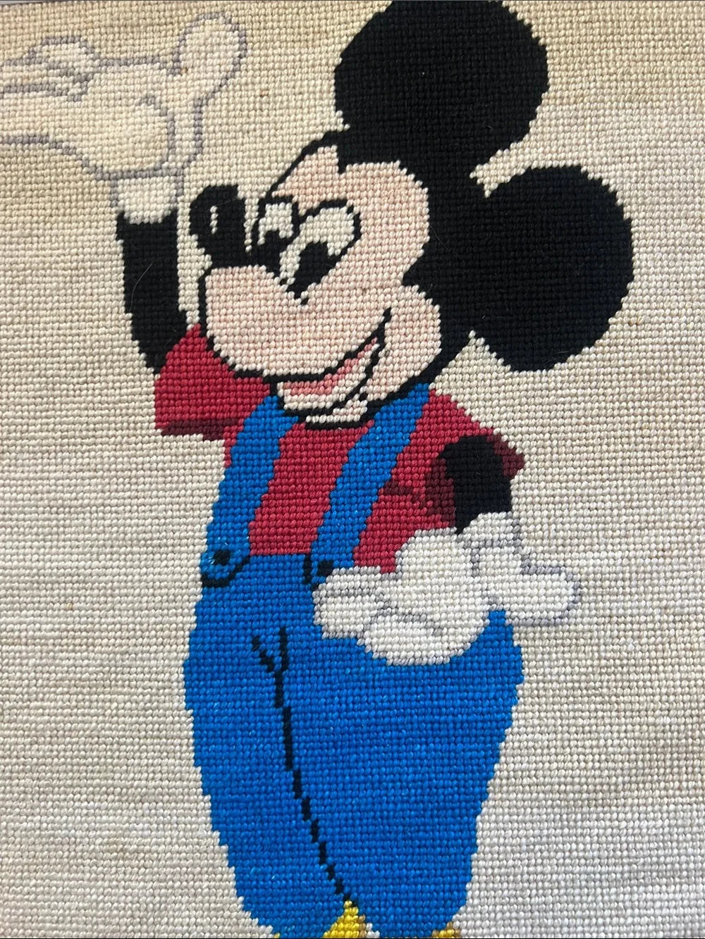 Framed and matted Handmade Cross-Stitch Mickey Mouse Artwork -